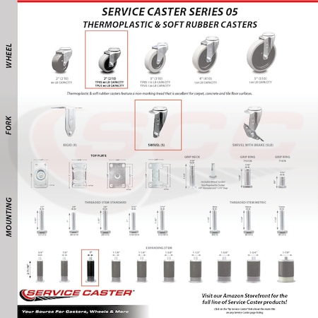 Service Caster 2 Inch Thermoplastic Wheel 1 Inch Expanding Stem Caster Set with 2 Brakes SCC-EX05S210-TPRS-1-2-SLB-2